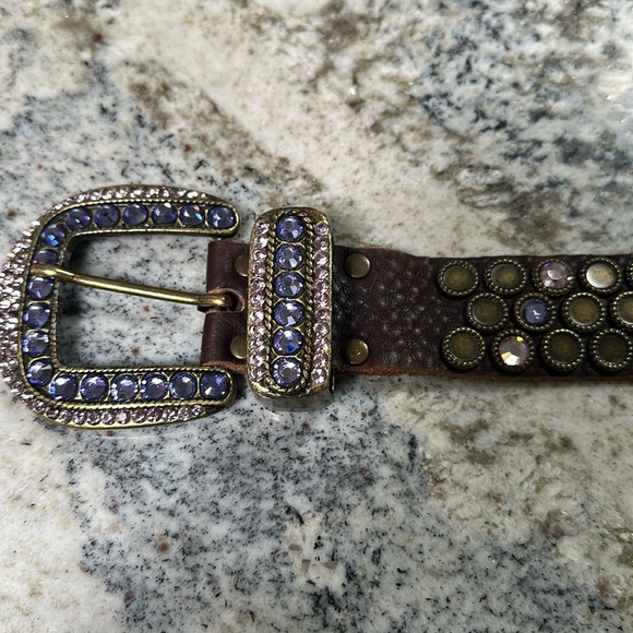Brown Leather belt with pink & purple crystal studs